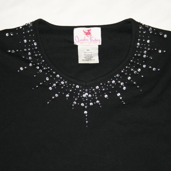 Quacker Factory Black Cotton T-Shirt with Beads & Crystals  X-Small - Picture 2 of 3